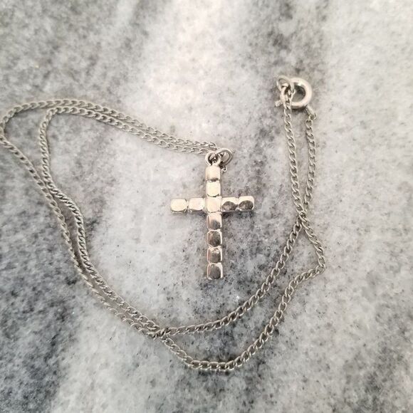 Vintage Rhinestone Cross Pendant Necklace, Silver Tone Chain, Estate - Picture 3 of 5